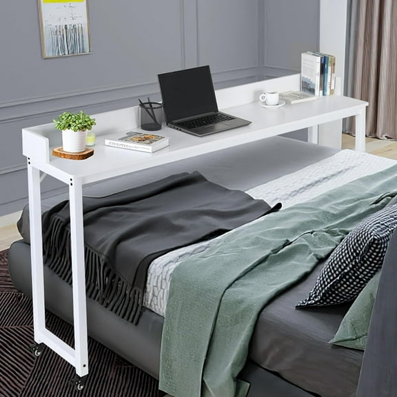 Pirecart Overbed Table with 360° Wheels, 70.8'' Mobile Bed Desk for Queen/Full Size Bed, Rolling Laptop Desk for Home Bedroom Office Hospital, White