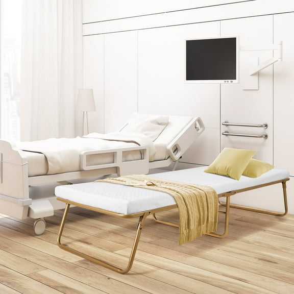 Pirecart 75" x 31" Folding Rollaway Bed with Memory Foam Mattress, Portable Metal Bed Frame for Adults, No Assembly Required, Gold