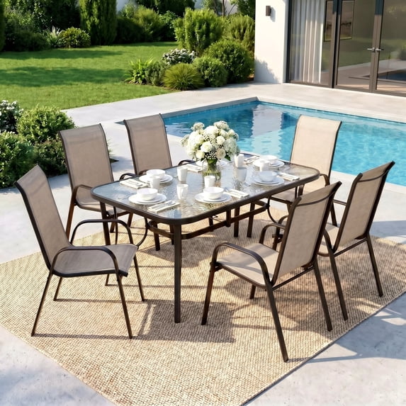 Pirecart 7pcs Patio Dining Set, Outdoor Dining Table with Umbrella Hole & 6 Stackable Textilene Fabric Dining Chairs, All Weather Patio Furniture Set, Beige