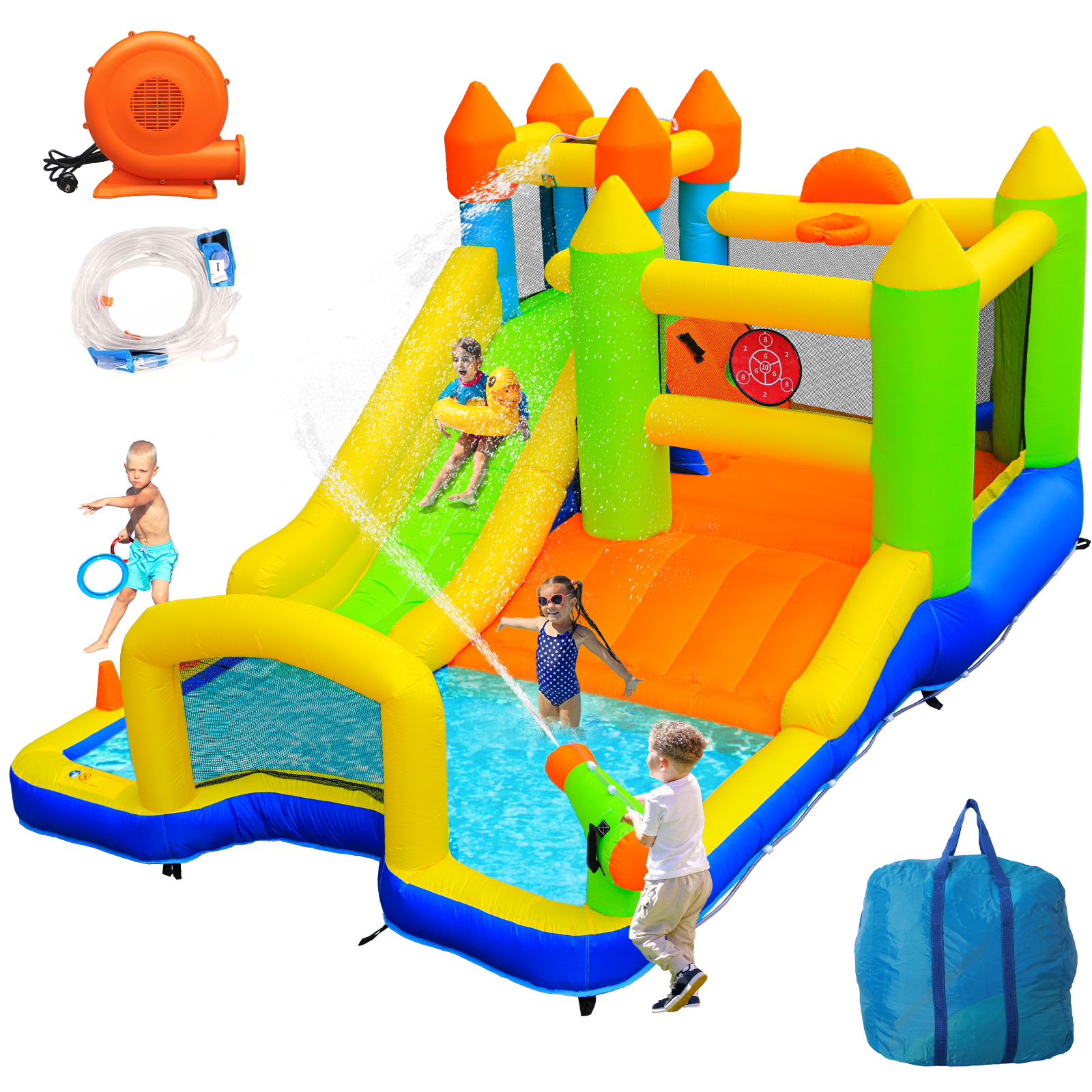 Pirecart 9 in 1 Inflatable Water Slides for Kids, Bounce House with Slide for Backyard, w/Climbing Wall, Splash Pool, Soccer Goal, Water Cannon, Air Blower