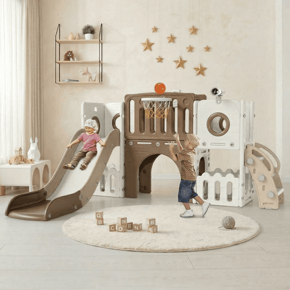 Pirecart 9 in 1 Toddler Slide Set, Kids Slide for Toddlers, Outdoor Indoor Playground w/Long Slope, Baby Climber Set w/Basketball Hoop, Telescope, Tunnel, Storage Space, Enclosed Steps