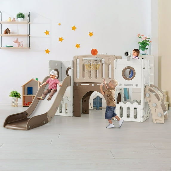 Pirecart 9 in 1 Toddler Slide Set, Kids Slide for Toddlers, Outdoor Indoor Playground w/Long Slope, Baby Climber Set w/Basketball Hoop, Telescope, Tunnel, Storage Space, Enclosed Steps