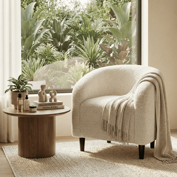 Pirecart Accent Barrel Chair, Teddy Fabric Upholstered Armchair with a Side Pocket, Bedroom Chair for Living Room, Bedroom, Reception Room, Beige