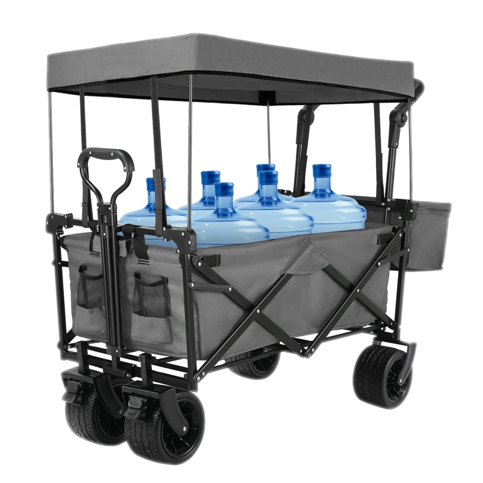 Pirecart Collapsible Wagon Cart, Outdoor Foldable Utility Beach Wagon with Removable Canopy, Cup Holder, Gray