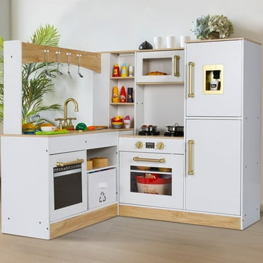 Pirecart Corner Play Kitchen for Kids with Sound & Light Wooden Toddler Kitchen Playset with Refrigerator, Stove, Disinfection Locker, Water Dispenser, Sink, White