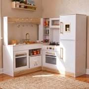 Pirecart Corner Play Kitchen for Kids with Sounds & Lights, Toddler Wooden Kitchen Playset with Microwave Oven, Stove, Water Dispenser, Sink, White