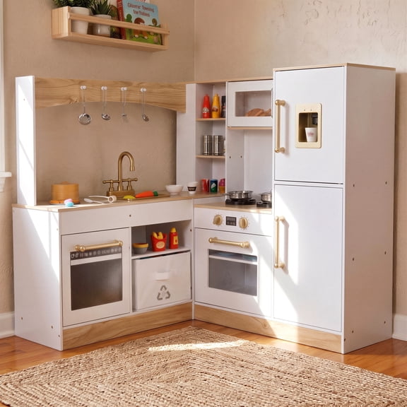 Pirecart Corner Play Kitchen for Kids with Sounds & Lights, Toddler Wooden Kitchen Playset with Microwave Oven, Stove, Water Dispenser, Sink, White