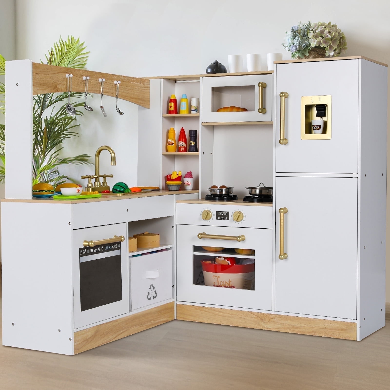 Play Kitchen Set for Kids, Wooden Kids Kitchen Playset w