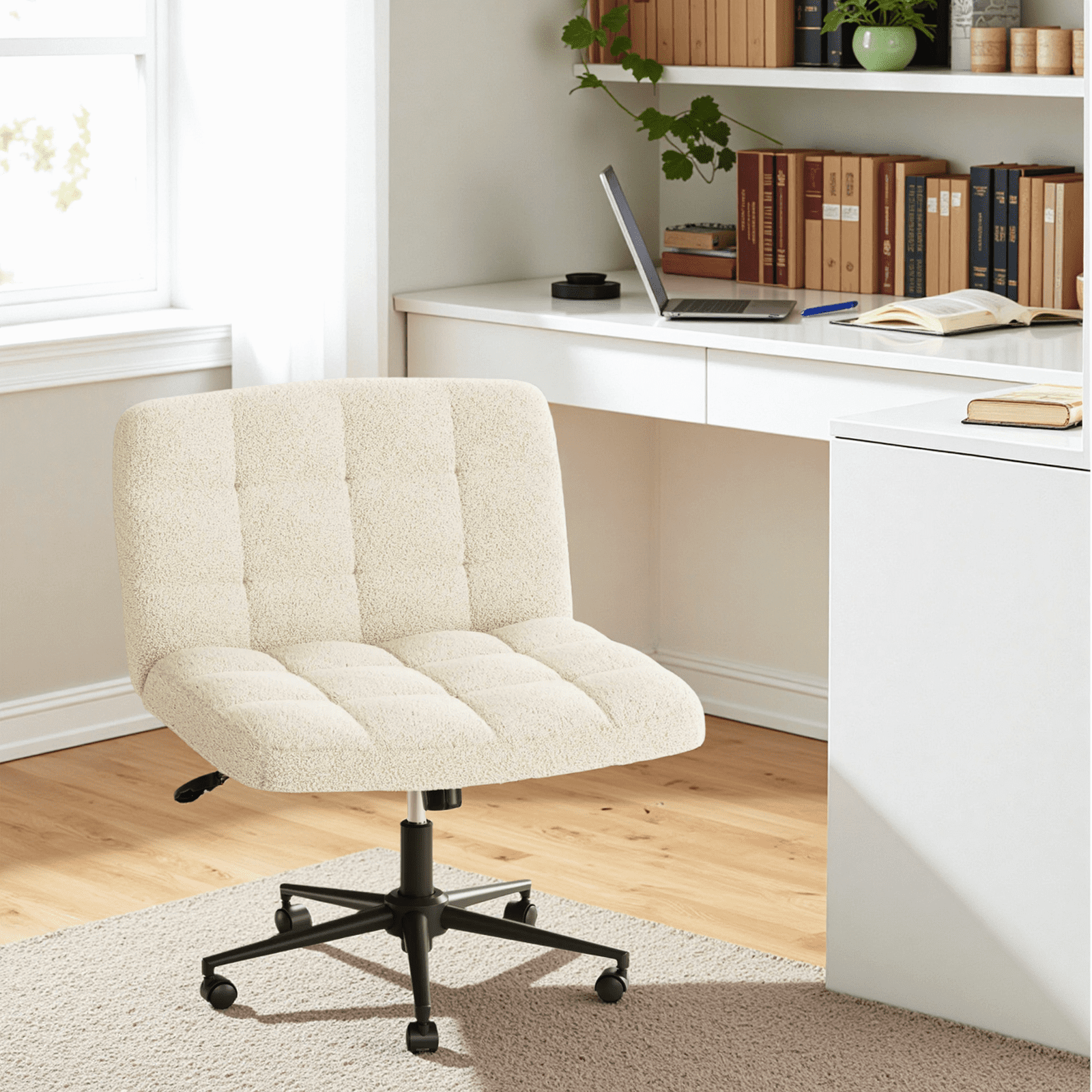 Pirecart Criss Cross Chair with Wheels, Armless Swivel Vanity Chair, Height Adjustable Cross Legged Office Chair with Comfy Wide Cushion for Desk, Vanity, Bedroom, Sherpa Fleece, Beige