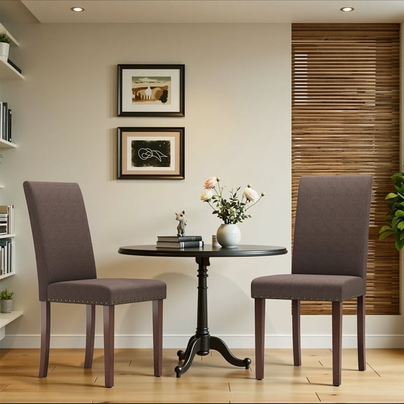 Pirecart Dining Chairs Set of 2, Kitchen Chairs with Nail Head Trim, Solid Wood Legs and Padded Seat, Tufted Parsons Design, Upholstered Fabric Chairs, Brown