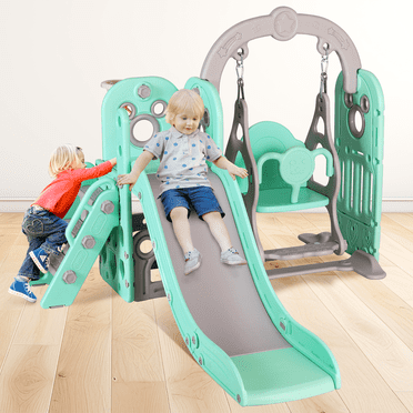 Pirecart 5 in 1 Toddler Swing and Slide Set, Indoor Outdoor Kids Playing Climber Sliding Playset with Extra Long Slide, Gift for Age 3+, Green