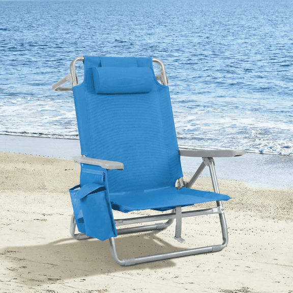 Pirecart Foldable Beach Chair, 5-Position Lay Flat Reclining Beach Chair W/ Headrest, Storage Bag, Cooler Pouch,Towel Bar, Foot Mat, Dark Blue