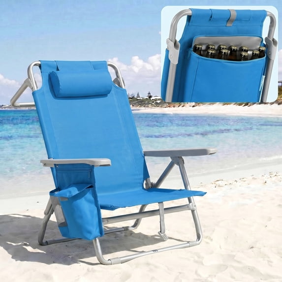 Pirecart Foldable Beach Chair, 5-Position Lay Flat Reclining Beach Chair W/ Headrest, Storage Bag, Cooler Pouch,Towel Bar, Foot Mat, Dark Blue