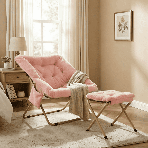 Pirecart Foldable Lazy Chair, Soft Faux Fur Reading Chair for Living Room, Large size Comfy Saucer Chair, Pink