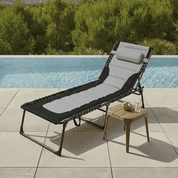 Pirecart Folding Lounge Chair, Padded Tanning Bed Chaise Lounge Chair with Pillow & Side Pocket, 5-Position Adjustable Portable Reclining Chair, for Beach, Pool, Black & Gray