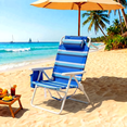 thumbnail image 1 of Pirecart Folding Tall Beach Chair, Height 17" Beach Chair W/ 5-Position Lay Flat, Headrest, Cooler Pouch, Blue and White Stripes, 1 of 11