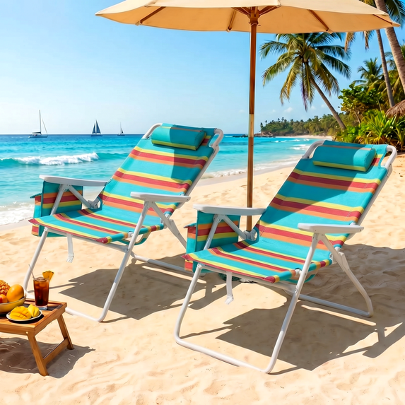 Pirecart Height 17" Tall Beach Chairs Set of 2, Folding Backpack Beach Chairs W/ 5-Position Lay Flat & Cooler Pouch, Headrest, Storage Bag, Towel Bar, Foot Mat, Orange, Yellow and Blue Stripes