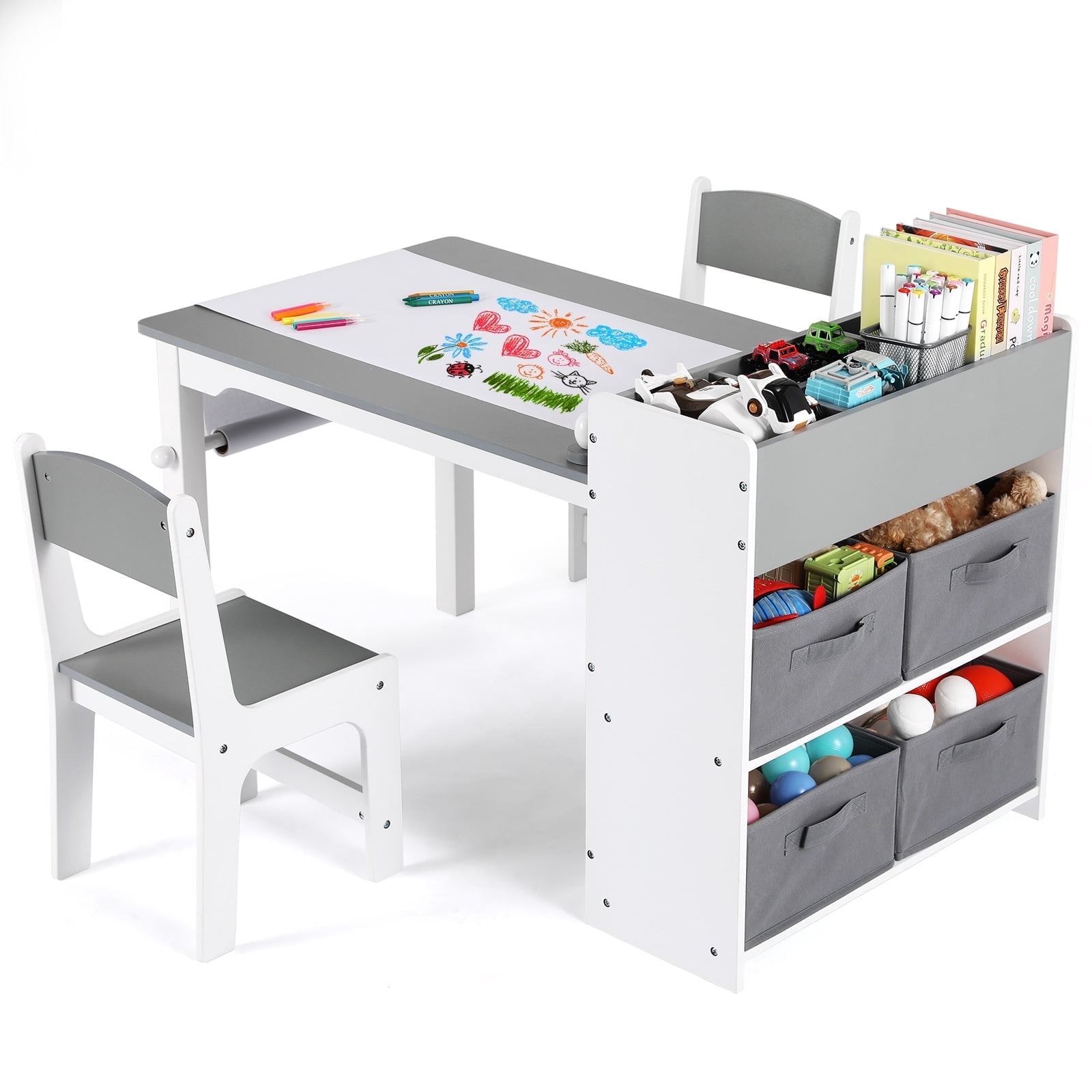 Pirecart Kids Art Table and 2 Chairs Toddler Craft Set Wooden Play Activity Drawing Table with Paper Roll and 4 Storage Bins