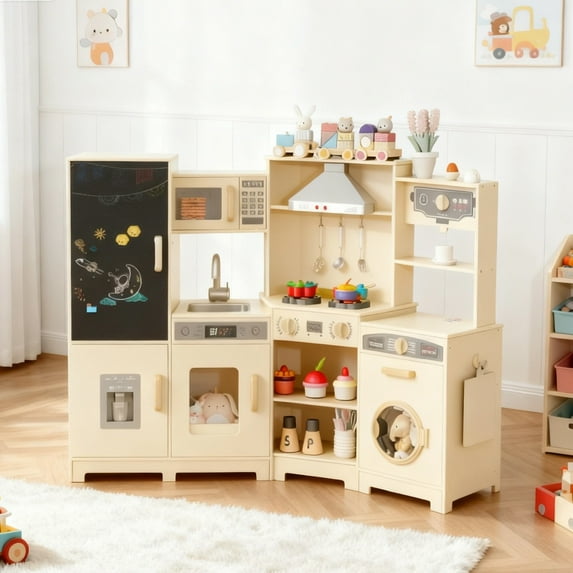 Pirecart Kids Corner Kitchen Playset with Real Lights & Sounds, Wooden Kitchen Set For Children With Range Hood, Blackboard and 6Pcs Cooking Accessories, Cream