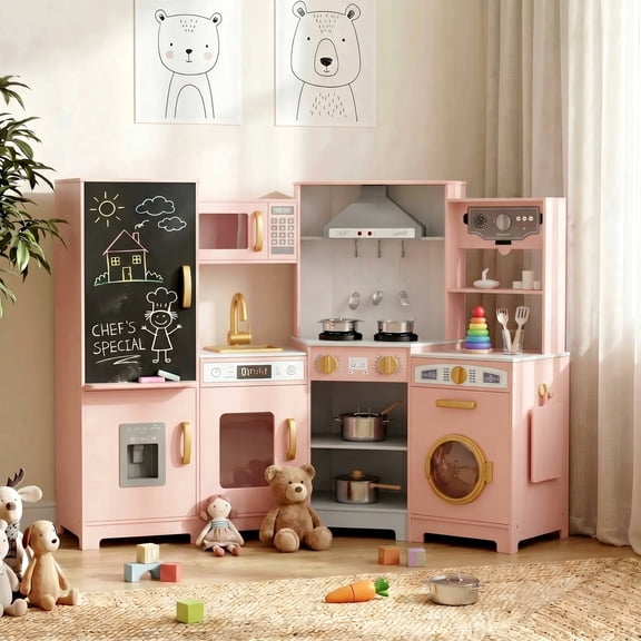 Pirecart Kids Corner Play Kitchen Set, Wooden Toddler Kitchen Toy with Lights & Sounds, Sink, Faucet, Ice Maker and Washing Machine, 6Psc Cooking Accessories, Pink