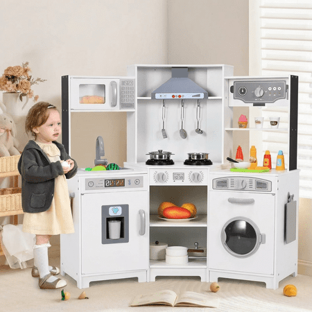 Pirecart Kids Corner Play Kitchen Wooden Cooking Pretend Playset W/ Realistic Lights & Sounds, Water Dispenser, Microwave Oven & Cooking Accessories, Birthday Gift for Girls and Boys Age 3+, White
