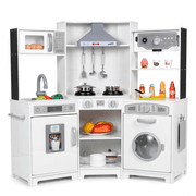 Pirecart Kids Corner Play Kitchen, Wooden Cooking Pretend Playset, Range Hood W/ Lights & Sounds, Cooking Accessories, Birthday Gift for Girls Boys Age 3+