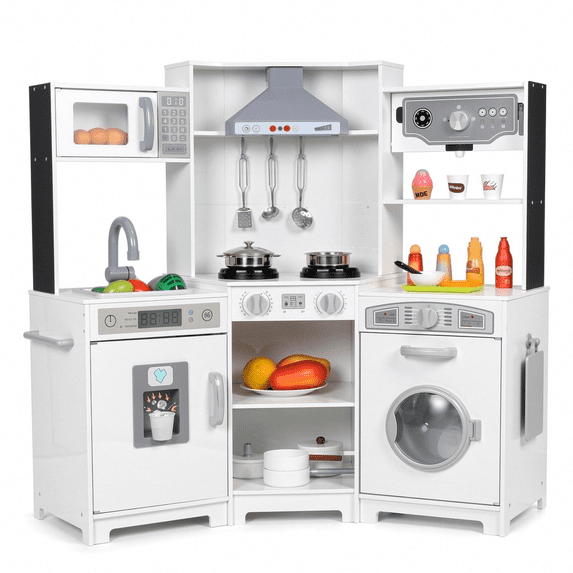 Pirecart Kids Corner Play Kitchen, Wooden Cooking Pretend Playset, Range Hood W/ Lights & Sounds, Cooking Accessories, Birthday Gift for Girls Boys Age 3+