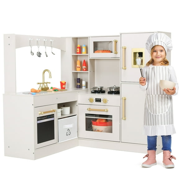Pirecart Kids Corner Play Kitchen Wooden Toddler Kitchen Playset Pretend Play Cooking Toys with Lights & Sounds, Refrigerator, Water Dispenser, for Age 3  Girls and Boys, Beige