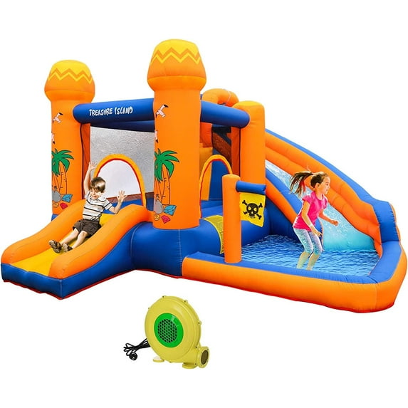 Pirecart Kids Inflatable Bounce House Backyard Water Slide Climbing Wall Splash Pool with Blower