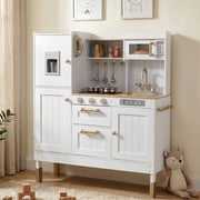 Pirecart Pretend Play Kitchen Set, Toddler Wooden Kids Kitchen Playset with Realistic Light & Sounds and Cooking Accessories,for Age 3+ Girl and Boys, White