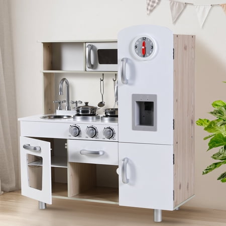 Pirecart Kids Kitchen Playset, Wooden Pretend Play Kitchen Cooking Toy for Toddler, with Realistic Light, Sound and Cookware, White