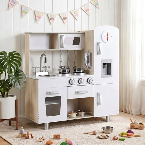 Pirecart Kids Kitchen Playset, Wooden Pretend Play Kitchen Cooking Toy for Toddler, with Realistic Light, Sound and Cookware, White