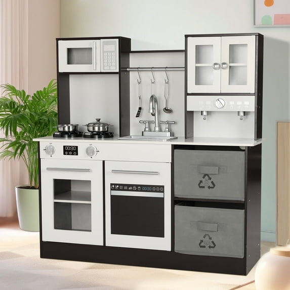 Pirecart Kids Kitchen Playset for Girls Boys Wooden Chef Pretend Play Toy Set with Real Lights & Sounds, Birthday Gifts Holiday Gifts for Age 3+, Brown