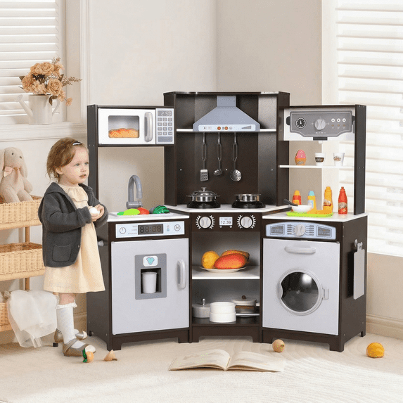 Pirecart Kids Play Kitchen Corner Wooden Pretend Toddler Toys Playset with Realistic Lights & Sounds, Stove, Water Dispenser, Cutting Board, Birthday Gift for Age 3+ Girls and Boys, Brown