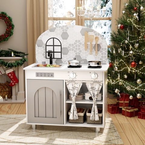 Pirecart Kids Play Kitchen, Toddler Pretend Play Kitchen with Storage Space and Cooking Accessories, Wooden Kitchen Playset for Age 3+, White