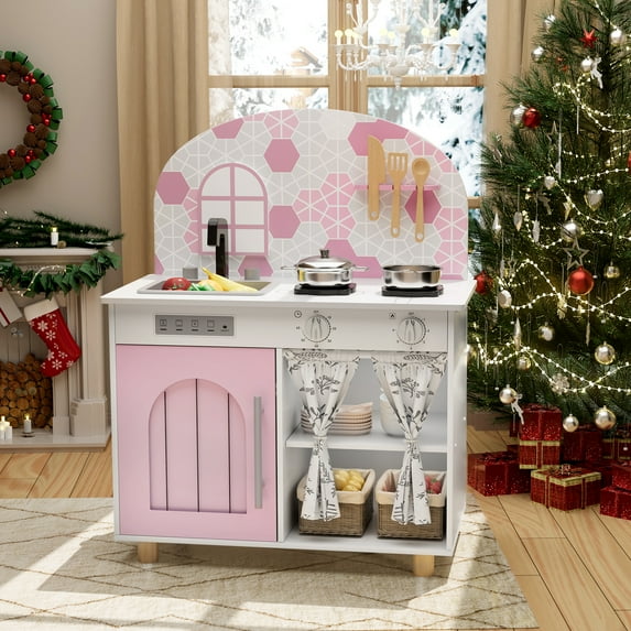 Pirecart Kids Play Kitchen Set, Toddler Wooden Kitchen Playset with Cooking Accessories and Clicking Knobs, Educational Chef Pretend Play Set for Ages 3+, Pink
