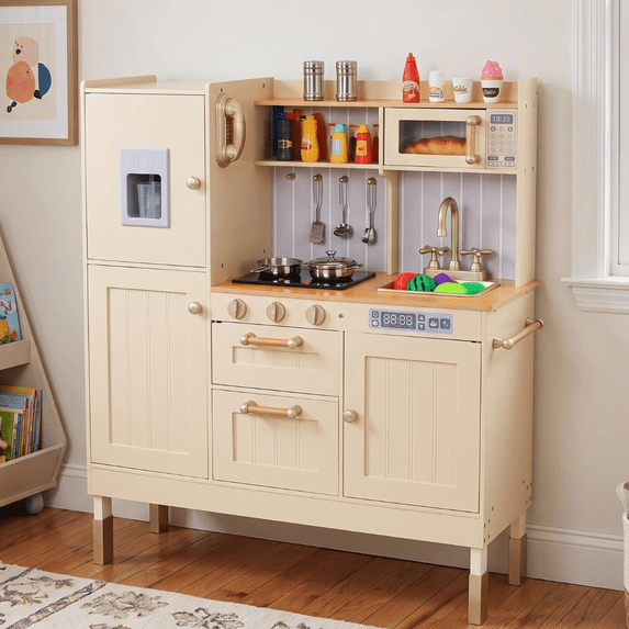 Pirecart Kids Pretend Play Kitchen Set, Height Adjustable Wooden Kitchen Playset with Realistic Light & Sound and Cooking Accessories, Beige