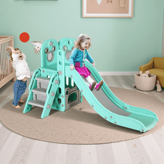 Pirecart 4 in 1 Kids Slide with Basketball Hoop Indoor Outdoor Toddler Slide and Climbing Playset, Gifts for Age 3+ Girls and Boys, Green