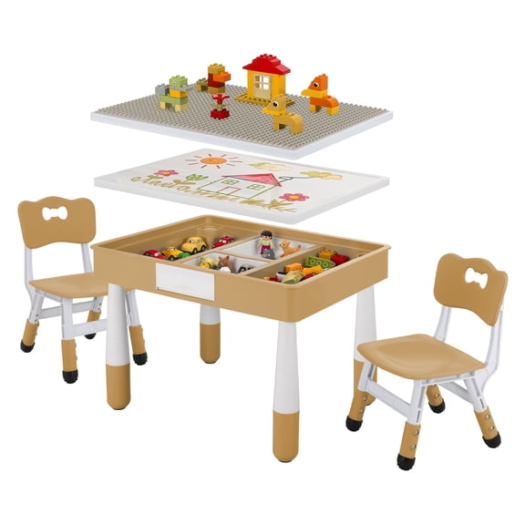 Pirecart Kids Table and 2 Chairs Set, 4 in 1 Toddler Table and Chair Set, Double-Sided Graffiti/Building Blocks Activity Tabletop with 2 Drawers for Drawing/Playing/Reading, Yellow