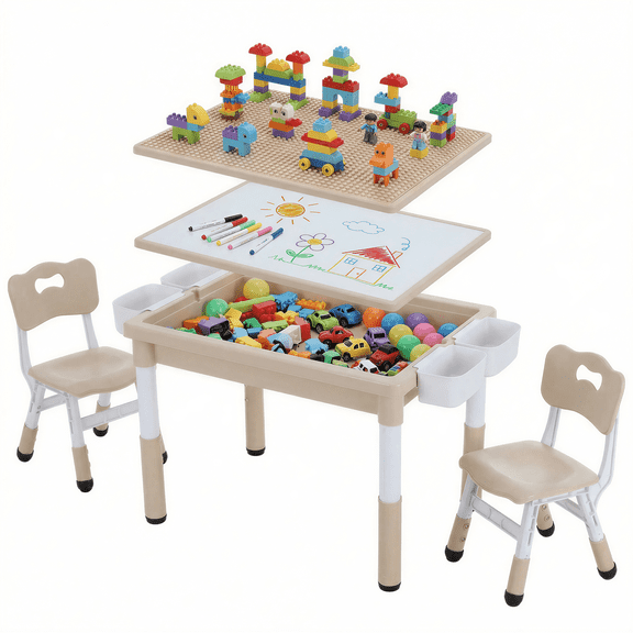 Pirecart Kids Table and 2 Chairs Set, Height Adjustable 3 in 1 Toddler Activity Table, Double-Sided Graffiti / Block Building Tabletop with Large Storage and 4 Drawers, Yellow