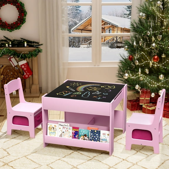Pirecart Kids Table and Chairs Set, 4 in 1 Wooden Activity Table with Reversible & Detachable Tabletop, Storage Drawer, Bookshelf, Kids Art Desk for Drawing, Playing, Learning, Pink