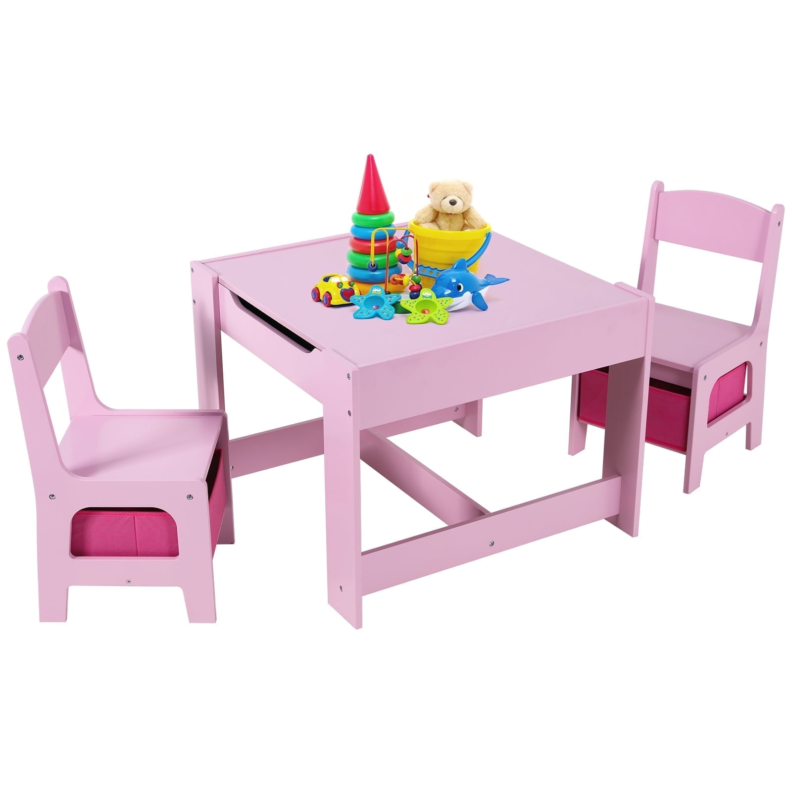 Pirecart Kids Table and 2 Chairs Set Wooden Activity Table and Chair Set with Blackboard & Storage Drawer, Pink