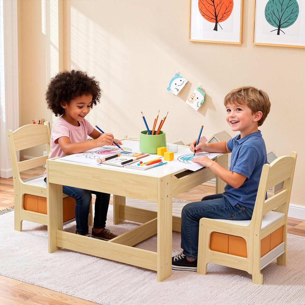 Pirecart Kids Table and 2 Chairs Set Wooden Children Activity Table with Blackboard, Storage Drawer, Yellow