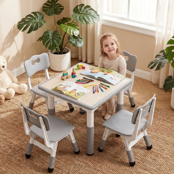 Pirecart Kids Table and 4 Chairs Set, Height Adjustable Toddler Art Desk for Reading Drawing Eating, Suitable for Ages 3-10, Gary