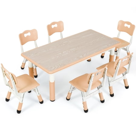 Pirecart Kids Table and 6 Chairs Set, Height Adjustable Desk Children Multi-Activity Table for Classrooms, Daycares, Home, Yellow