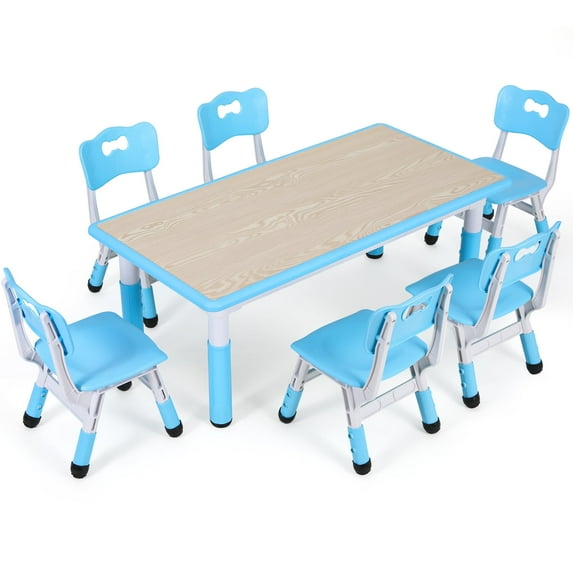 Pirecart Kids Table and 6 Chairs Set for Ages 2-10, Height Adjustable Children Arts & Crafts Table with Graffiti Desktop, Blue