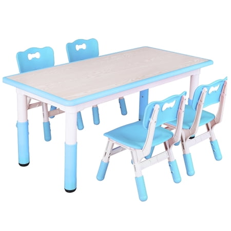 Pirecart Kids Table with 4 Chairs Set Height Adjustable Toddler Crafts Table for Ages 2-10, Blue