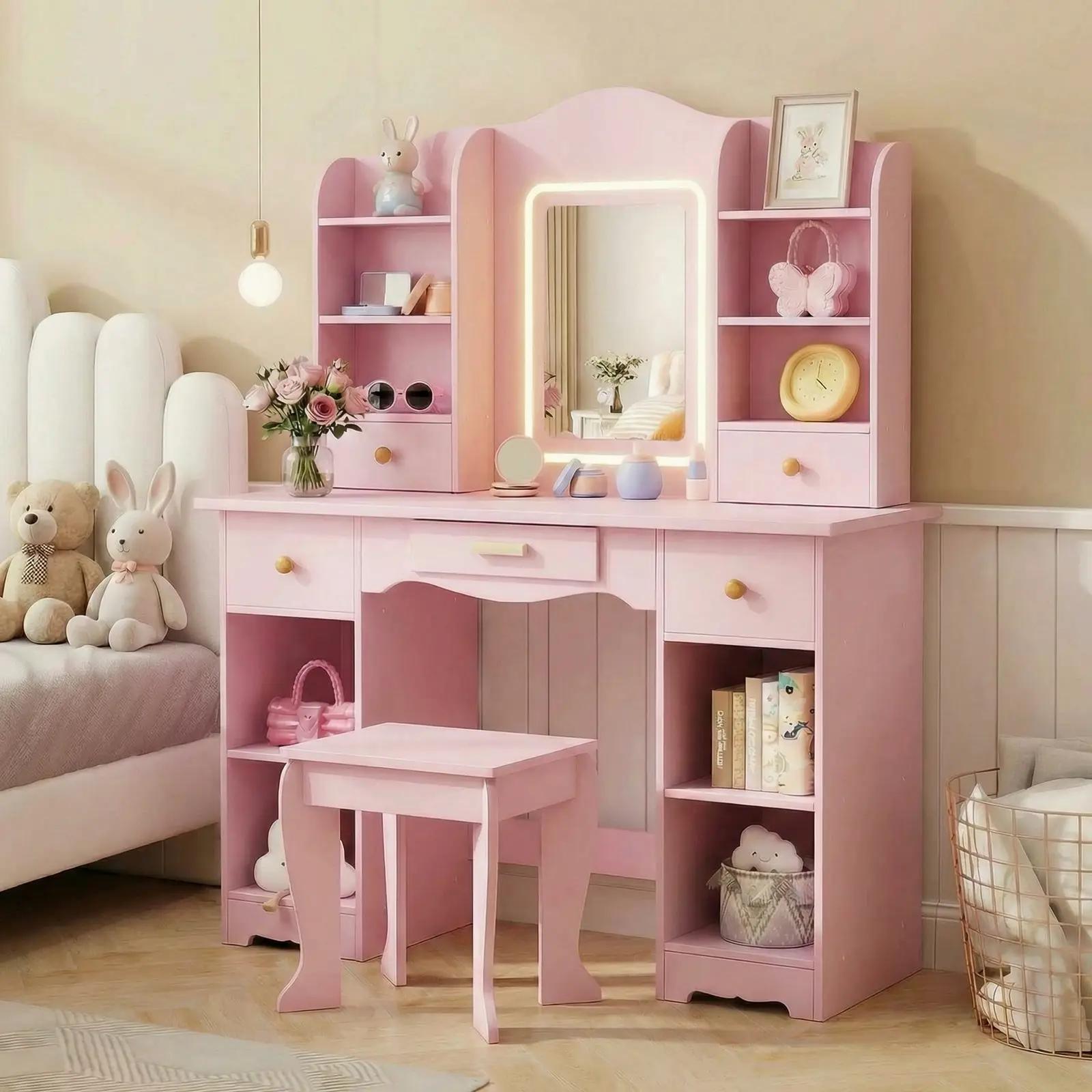 Pirecart Kids Vanity Set, Children Dressing Table and Chair with Mirror Drawer, 3 Color Lights, Large Storage, Detachable Shelf, Pink