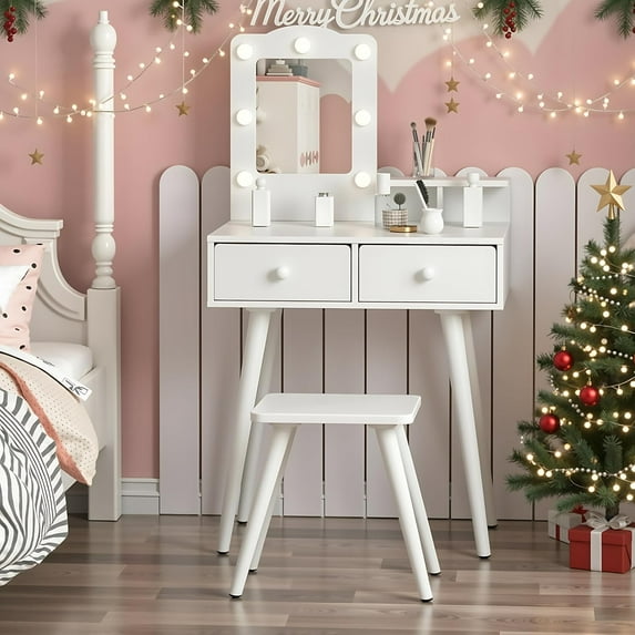 Pirecart Kids Vanity Set with Lighted Mirror and 2 Drawers, Wooden Makeup Table for Girls, Kids' Vanities Dress-Up Playset for Bedroom and Playroom, White