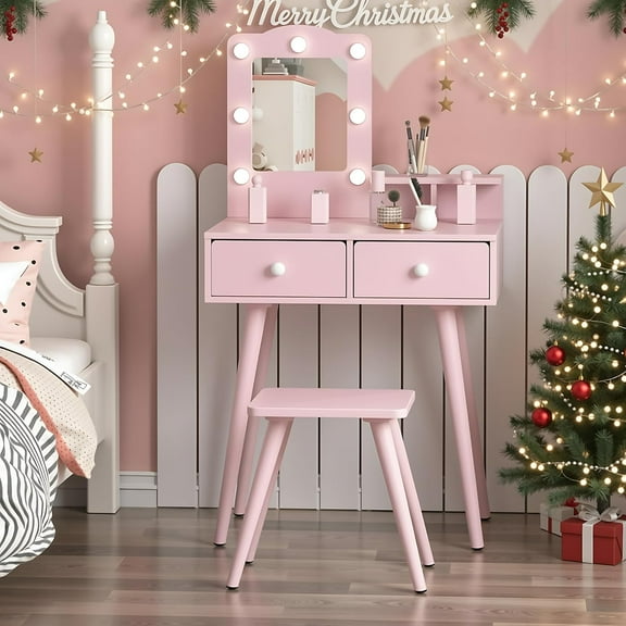 Pirecart Kids Vanity Table and Chair Set, Kids Wood Makeup Dressing Table with 7 Lights, Mirror, 2 Drawers, Princess Makeup Dress-Up Toy for Toddlers 3+, Pink